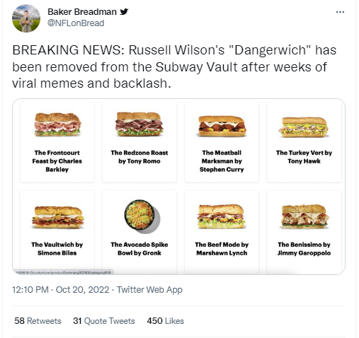 Subway Responds To Reports That They Pulled Russell Wilson's 'Dangerwich'  After Getting Roasted Online - Bounding Into Sports