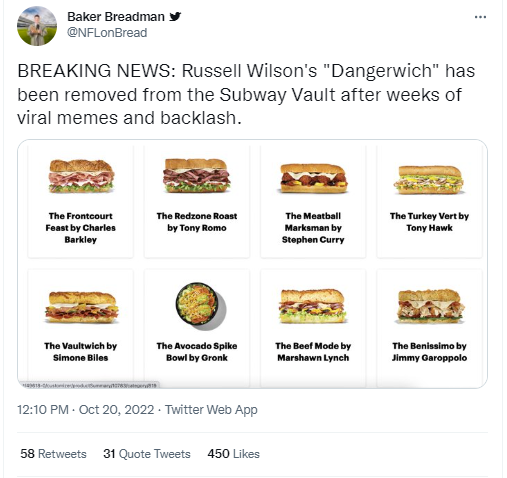 Subway Cuts Russell Wilson's Widely Mocked 'Dangerwich' Sandwich