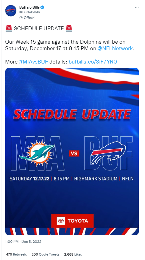 Buffalo Bills Announce Schedule Change For Upcoming Game Against